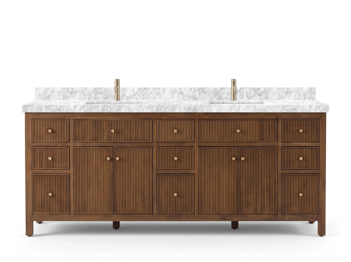 Sonoma 84 inch Dark Natural Teak vanity with Carrara Marble, Straight / Mitered, front view