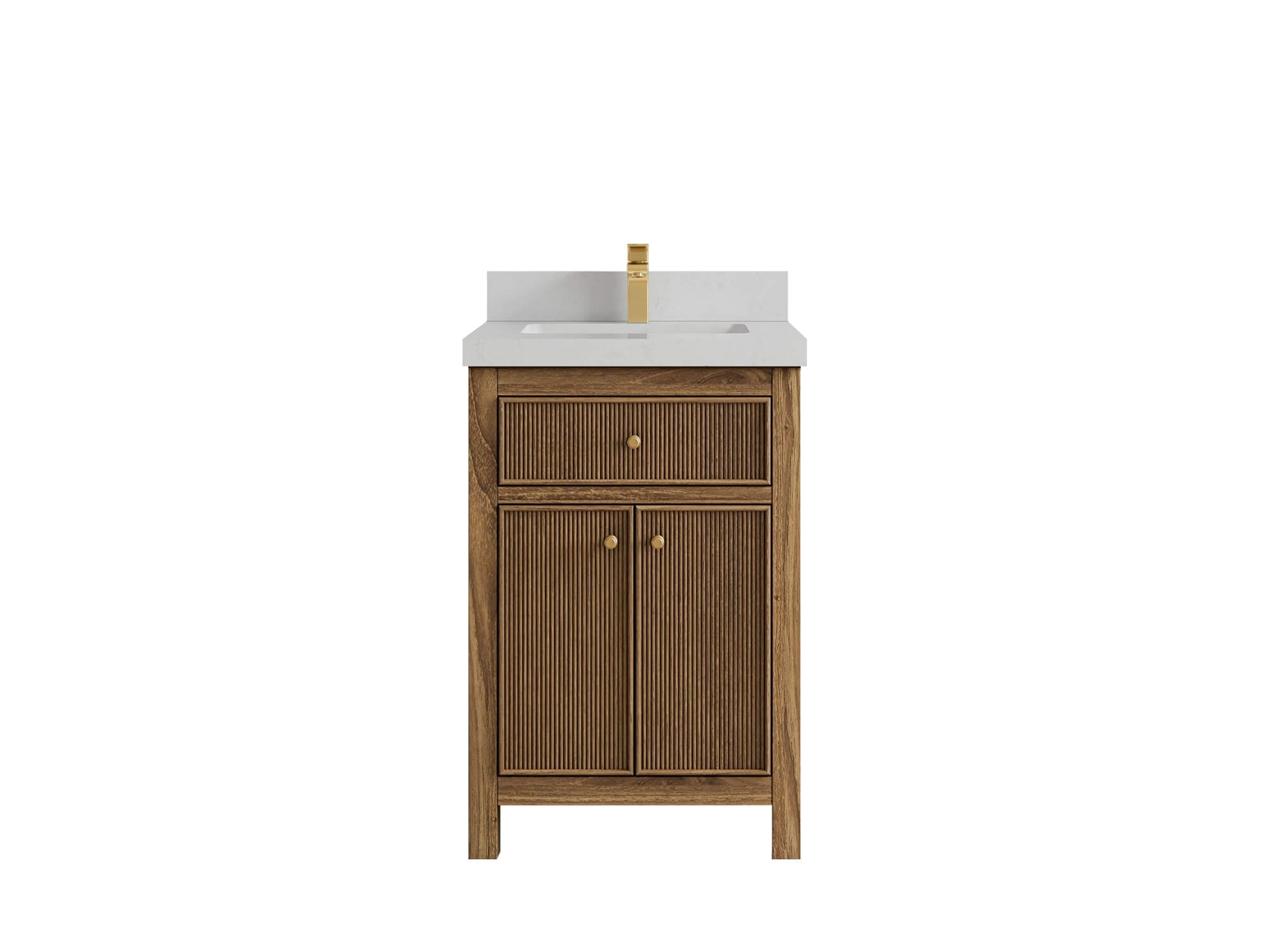Sonoma Teak Wood 24-inch bathroom vanity in Dark Natural Teak with Carrara Quartz countertop, faucet view