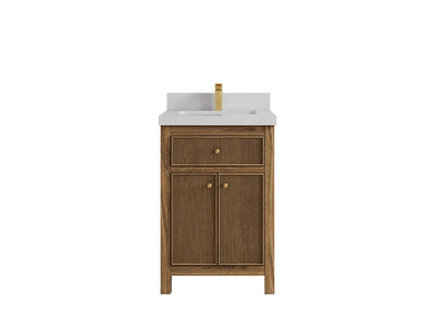 Sonoma Teak Wood 24-inch bathroom vanity in Dark Natural Teak with Carrara Quartz countertop, faucet view
