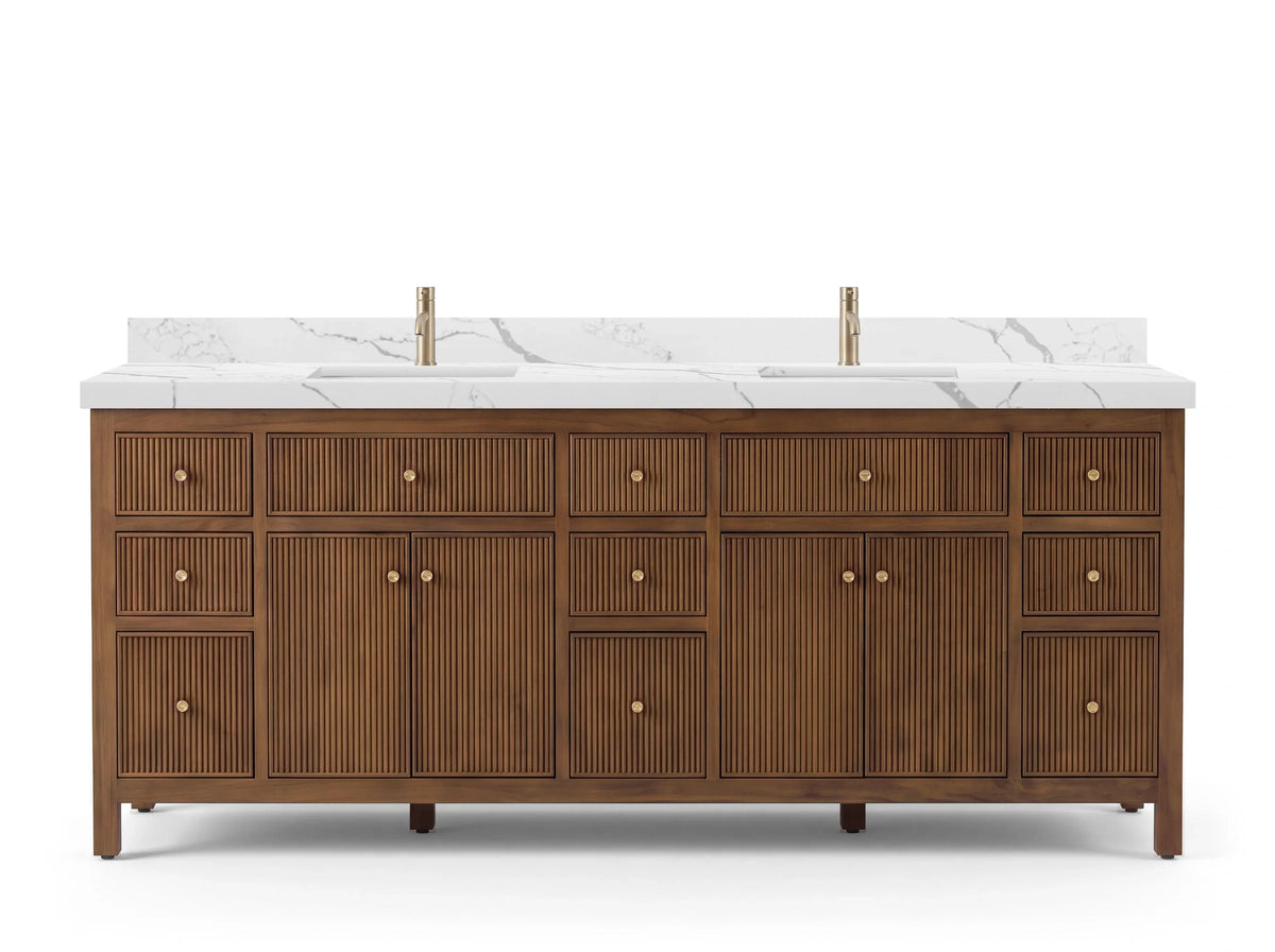 Sonoma 84 inch Dark Natural Teak vanity with Calacatta Laza Quartz, Straight / Mitered, front view
