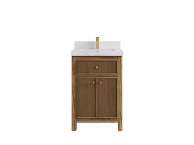 Sonoma Teak Wood 24-inch bathroom vanity in Dark Natural Teak with Calacatta Nuvo Quartz countertop, faucet view