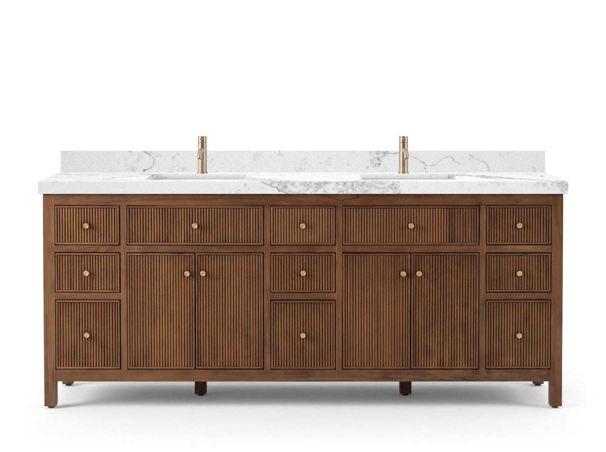 Sonoma 84 inch Dark Natural Teak vanity with Calacatta Nuvo Quartz, Straight / Mitered, front view