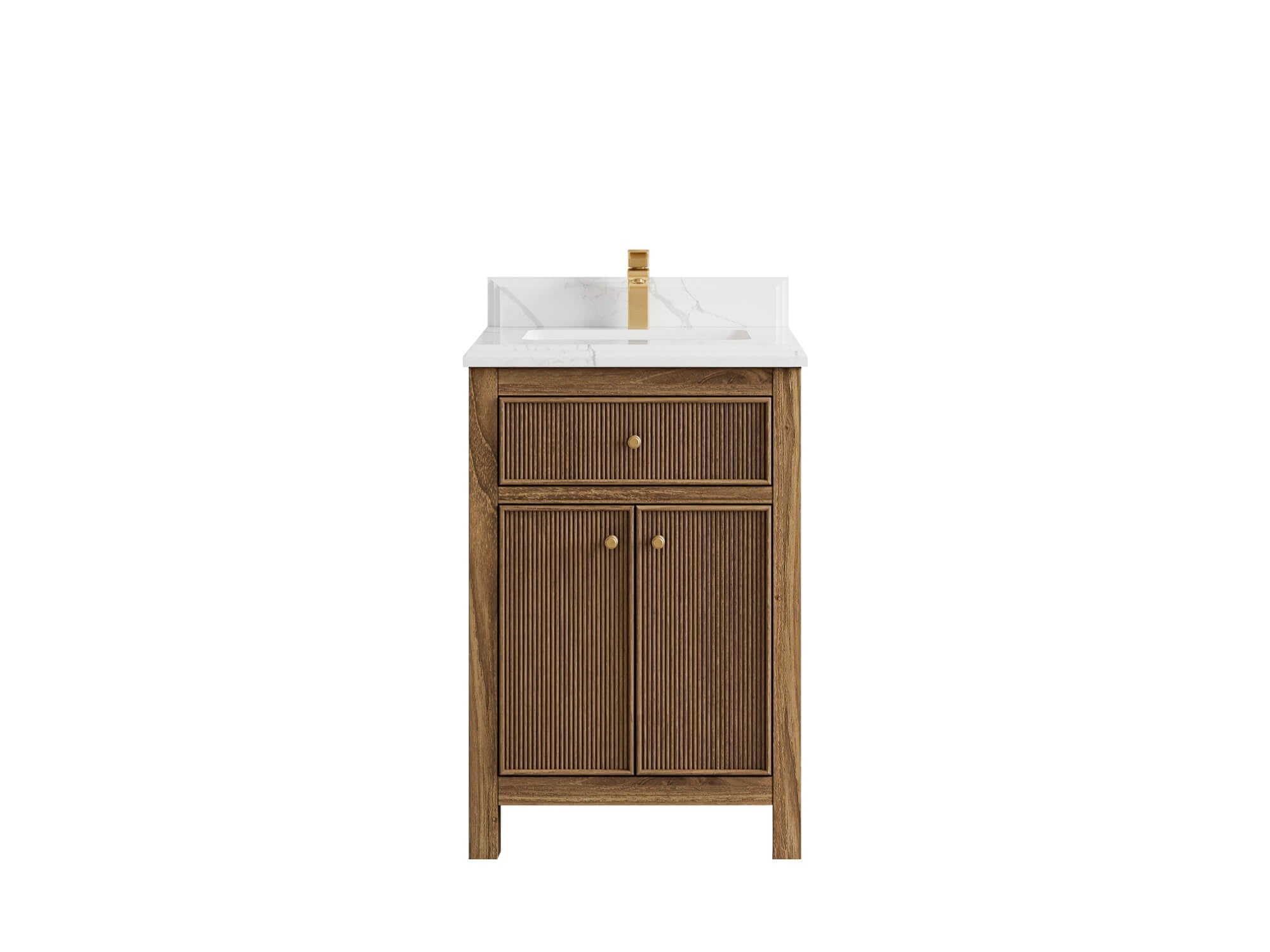 Sonoma Teak Wood 24-inch bathroom vanity in Dark Natural Teak with double-cove Calacatta Laza Quartz countertop, faucet view