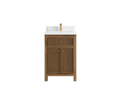 Sonoma Teak Wood 24-inch bathroom vanity in Dark Natural Teak with double-cove White Quartz countertop, faucet view