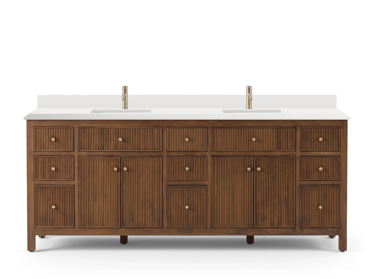 Sonoma 84 inch Dark Natural Teak vanity with DC White Quartz, Double Cove, front view