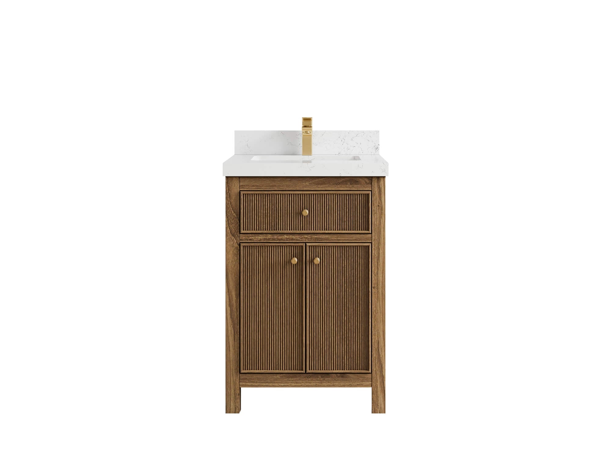 Sonoma Teak Wood 24-inch bathroom vanity in Dark Natural Teak with Empira White Quartz countertop, faucet view