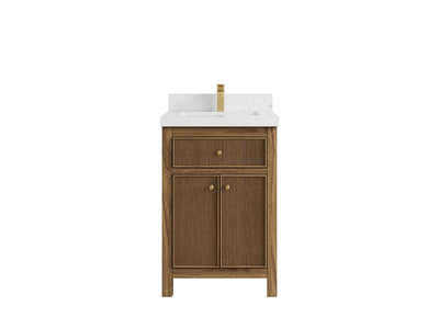 Sonoma Teak Wood 24-inch bathroom vanity in Dark Natural Teak with Empira White Quartz countertop, faucet view