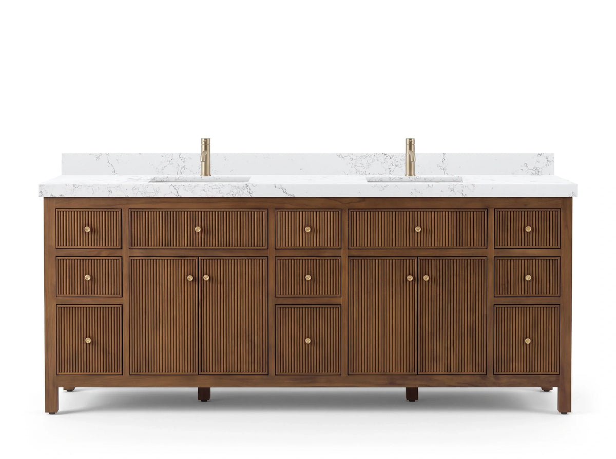 Sonoma 84 inch Dark Natural Teak vanity with Empira White Quartz, Straight / Mitered, front view