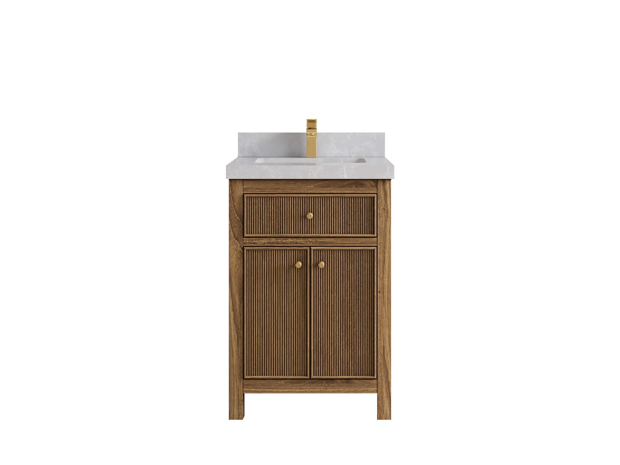 Sonoma Teak Wood 24-inch bathroom vanity in Dark Natural Teak with Pearl Light Gray Quartz countertop, faucet view
