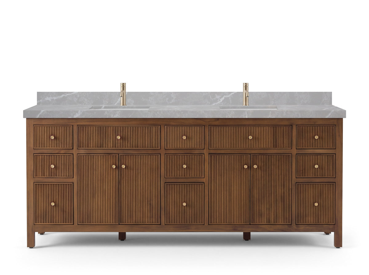 Sonoma 84 inch Dark Natural Teak vanity with Pearl Light Gray Quartz, Straight / Mitered, front view