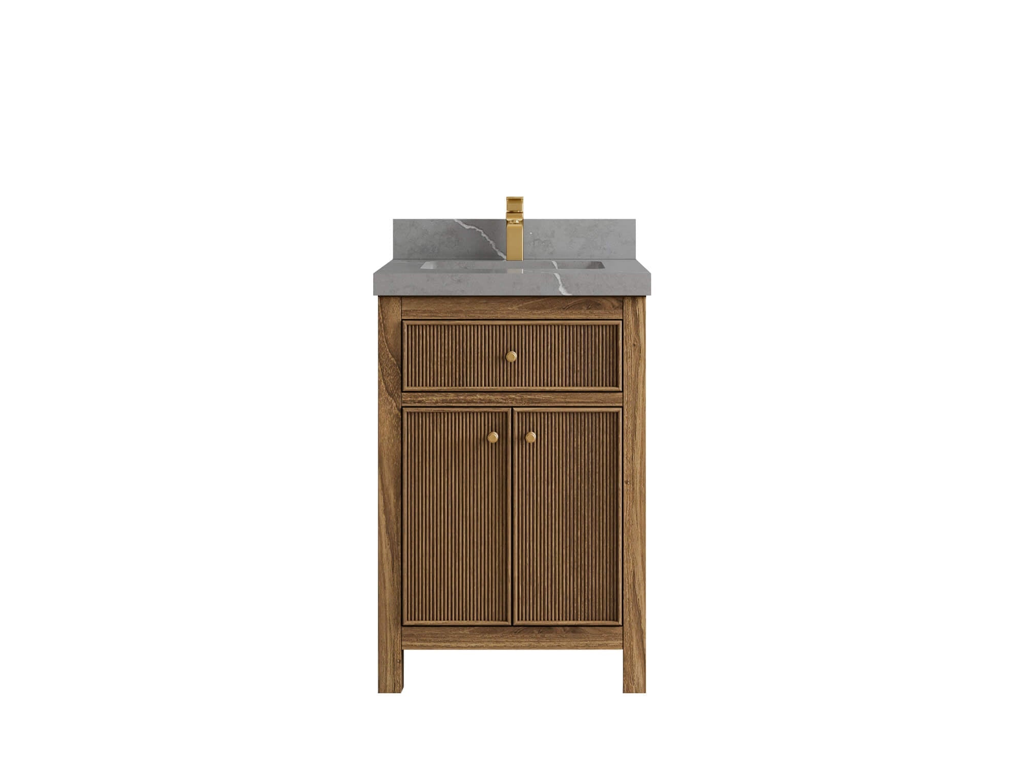 Sonoma Teak Wood 24-inch bathroom vanity in Dark Natural Teak with Piatra Gray Quartz countertop, faucet view