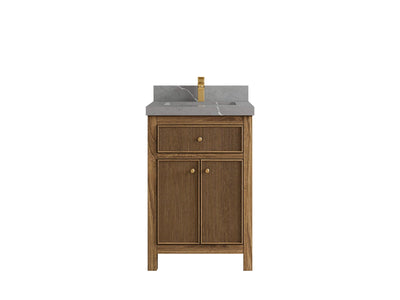 Sonoma Teak Wood 24-inch bathroom vanity in Dark Natural Teak with Piatra Gray Quartz countertop, faucet view