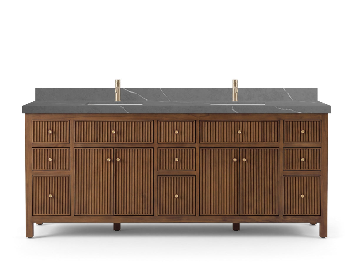 Sonoma 84 inch Dark Natural Teak vanity with Piatra Gray Quartz, Straight / Mitered, front view