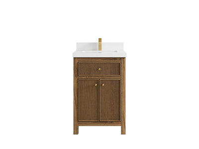 Sonoma Teak Wood 24-inch bathroom vanity in Dark Natural Teak with White Quartz countertop, faucet view