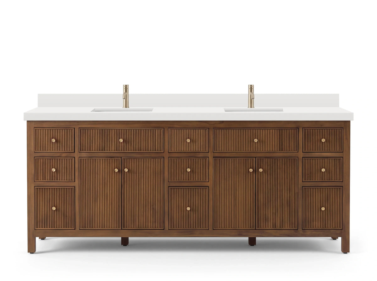 Sonoma 84 inch Dark Natural Teak vanity with White Quartz, Straight / Mitered, front view