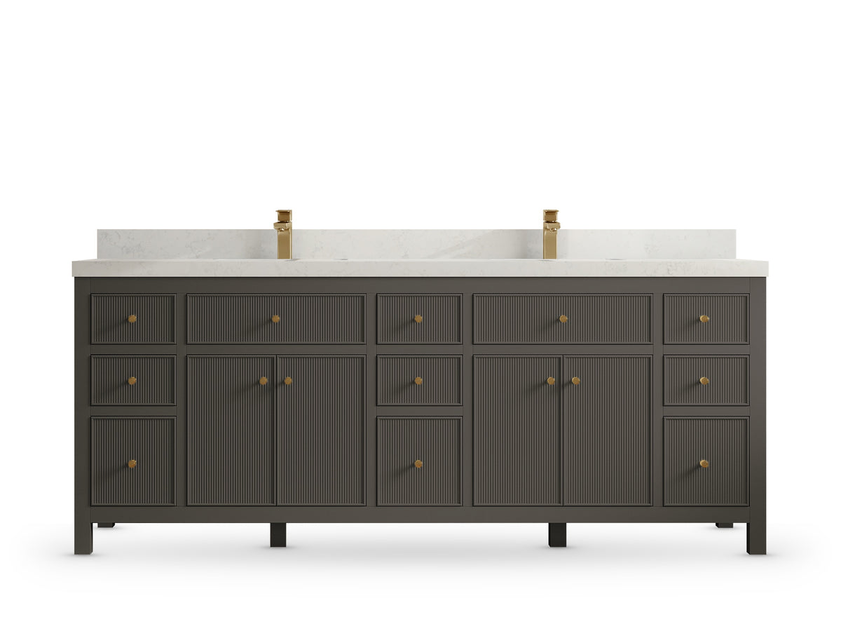 Sonoma 84 Urbane Bronze vanity with Carrara Quartz, Straight / Mitered, front view
