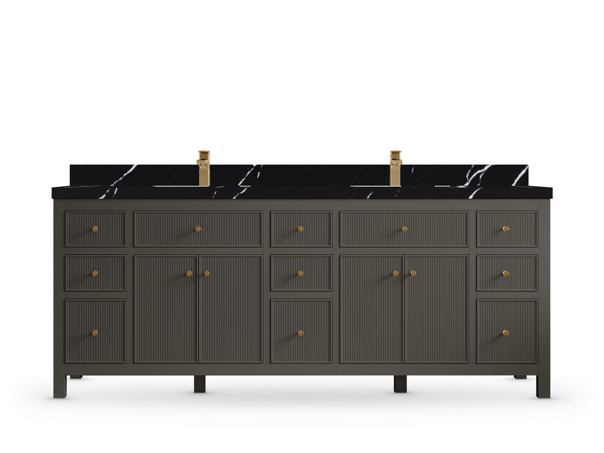 Sonoma 84 Urbane Bronze vanity with Calacatta Black Quartz, Straight / Mitered, front view