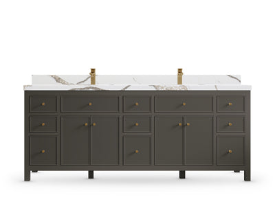 Sonoma 84 Urbane Bronze vanity with Calacatta Gold Quartz, Straight / Mitered, front view