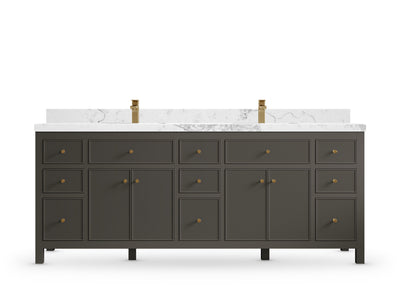 Sonoma 84 Urbane Bronze vanity with Calacatta Nuvo Quartz, Straight / Mitered, front view