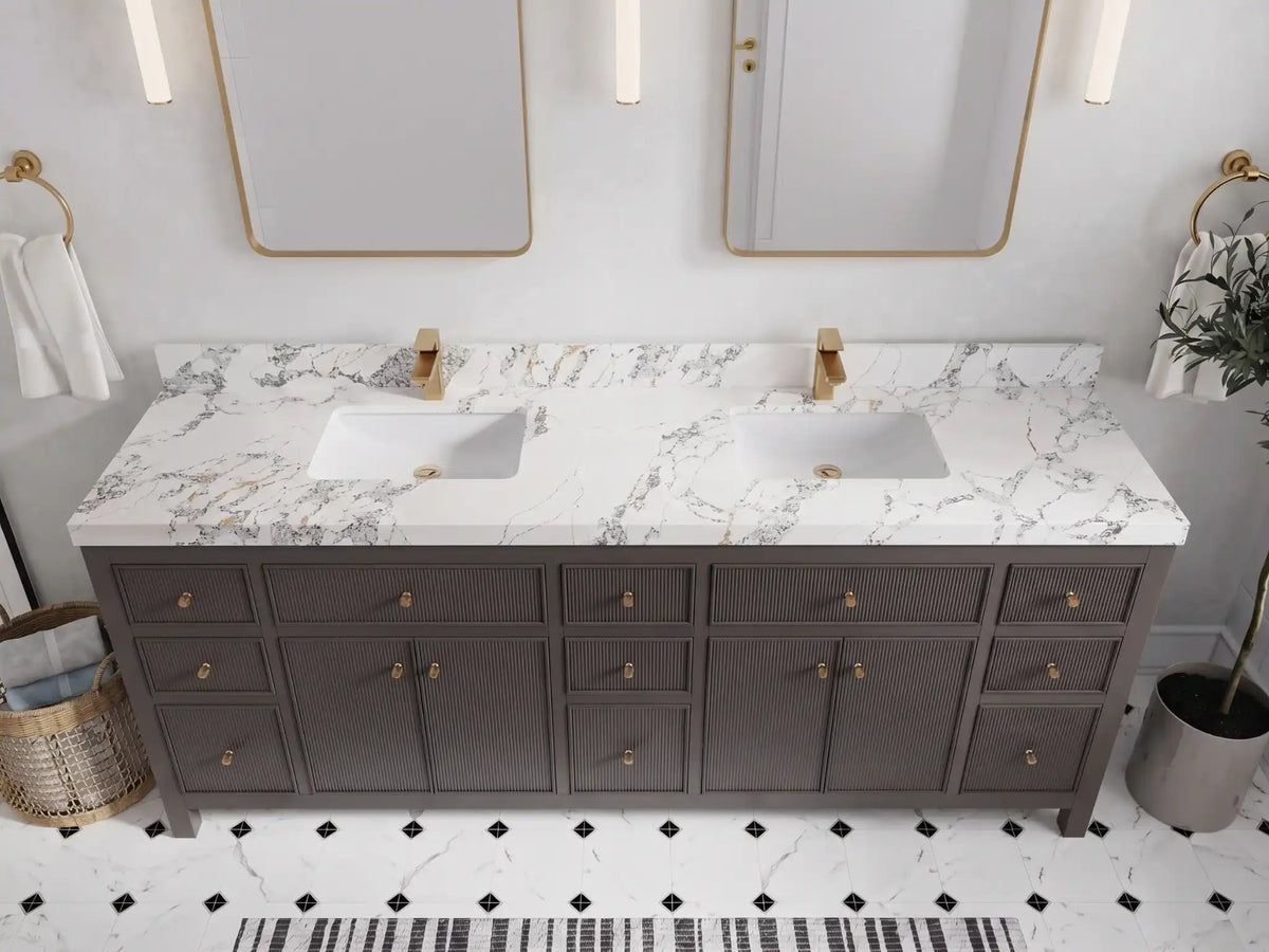 Sonoma 84 inch Urbane Bronze vanity with Calacatta Poanazzo Quartz, Straight / Mitered, top view