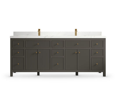 Sonoma 84 Urbane Bronze vanity with Calacatta Sienna Quartz, Straight / Mitered, front view