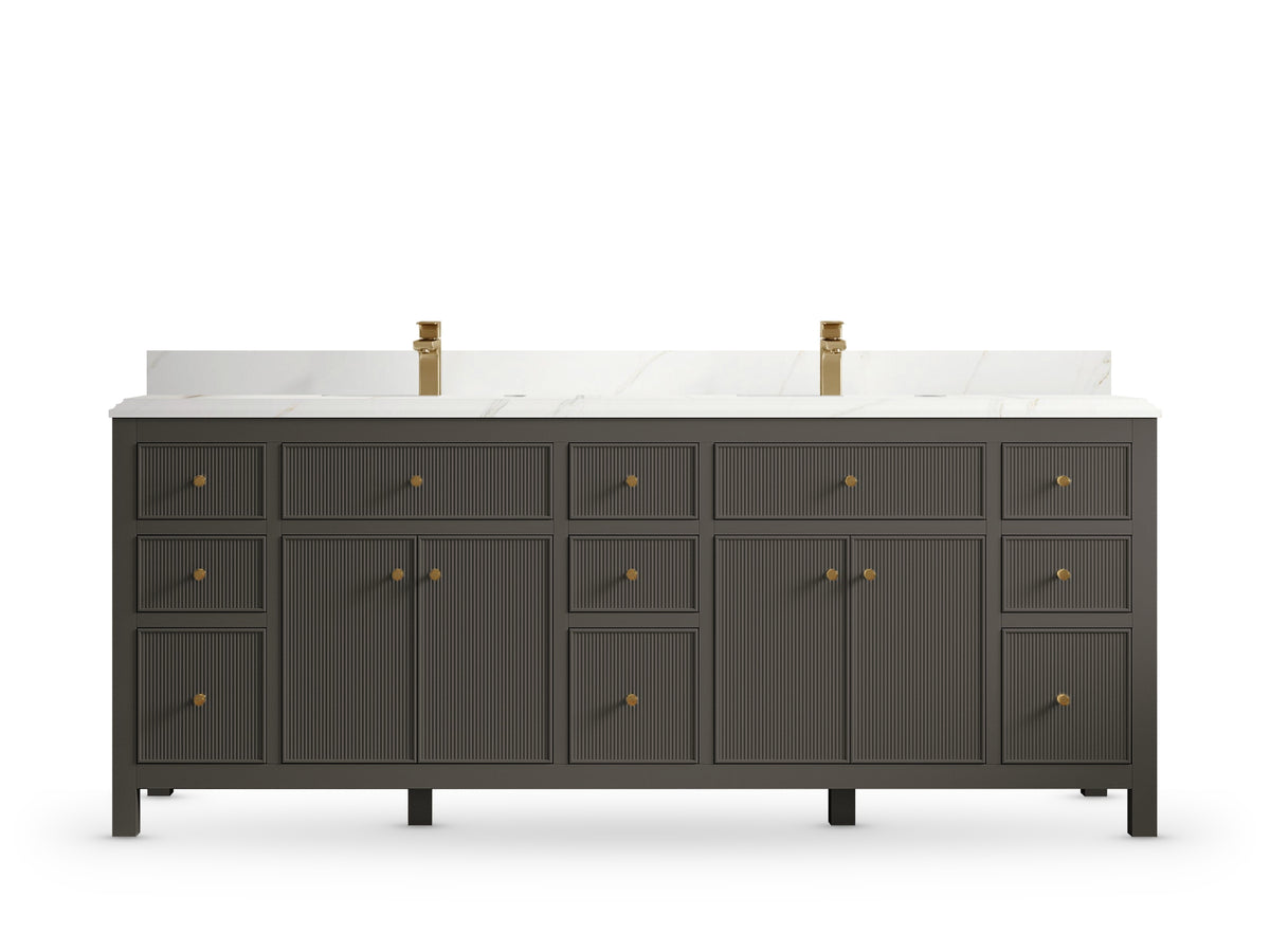 Sonoma 84 Urbane Bronze vanity with Calacatta Sienna Quartz, Double Cove, front view