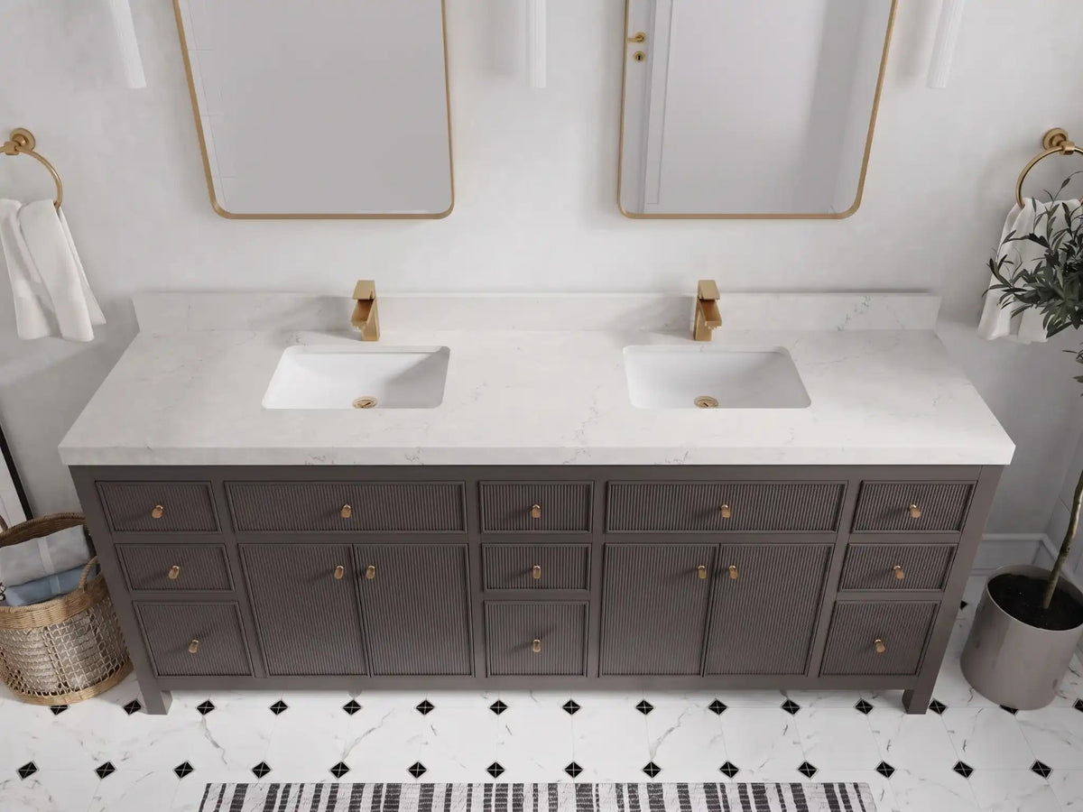 Sonoma 84 inch Urbane Bronze vanity with Frosty Carrara Quartz, Straight / Mitered, top view