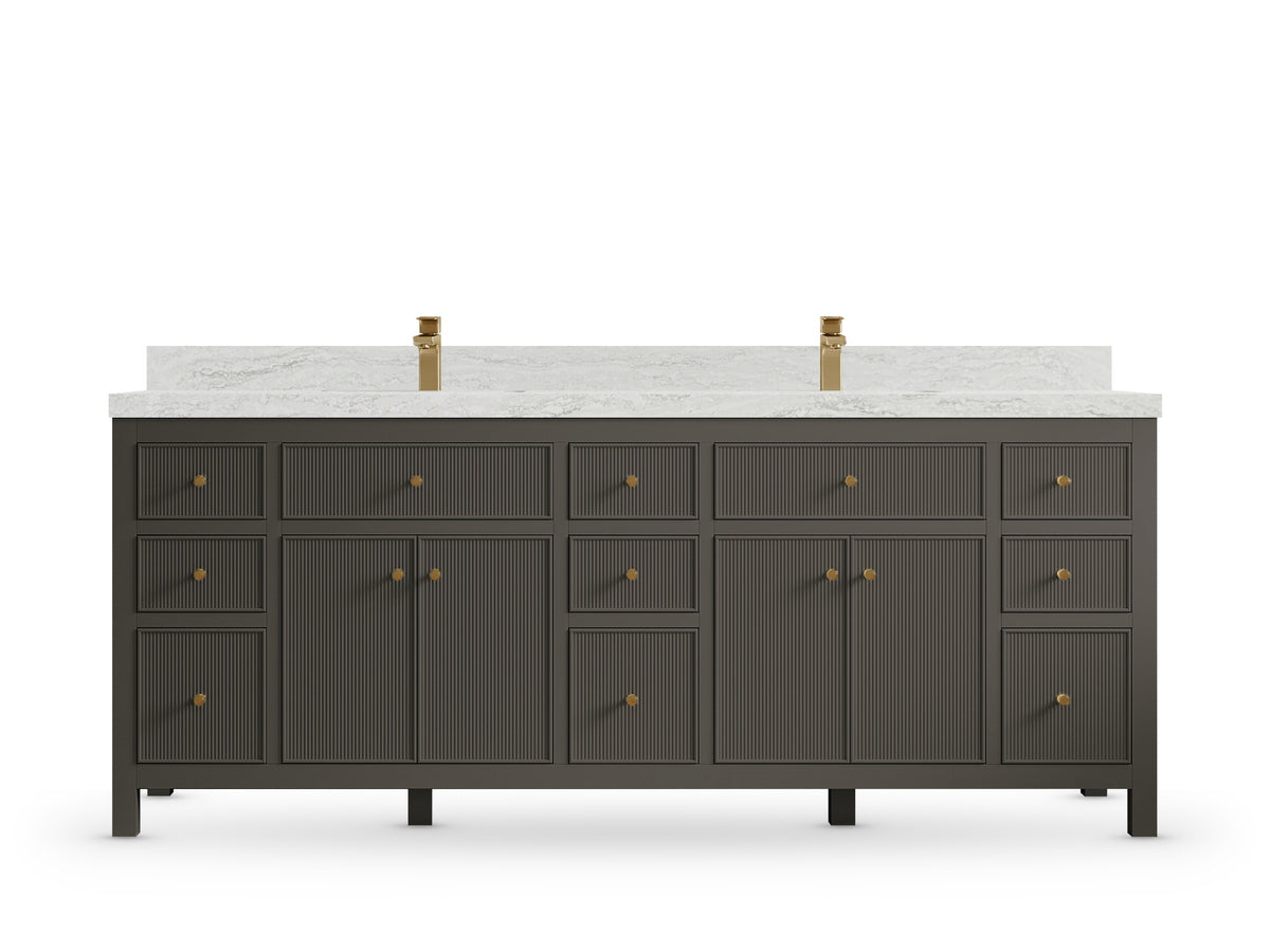 Sonoma 84 Urbane Bronze vanity with Ironsbridge Quartz, Straight / Mitered, front view
