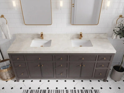 Sonoma 84 inch Urbane Bronze vanity with Onyx Quartz, Straight / Mitered, top view
