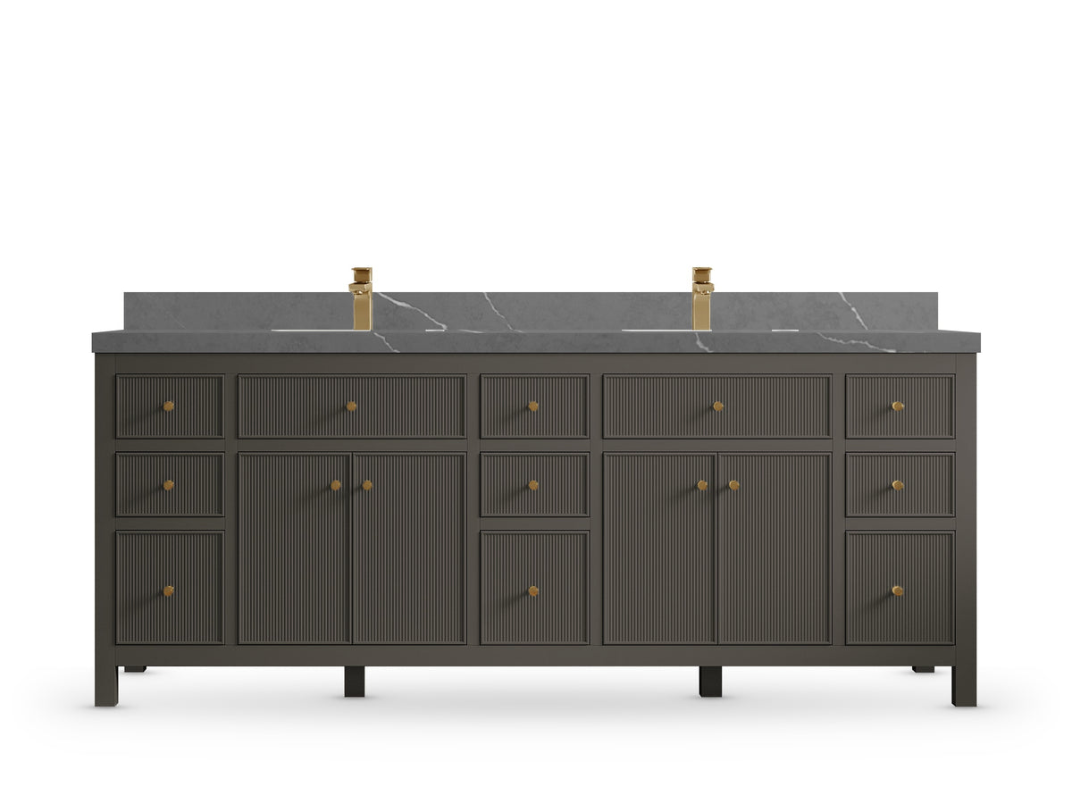 Sonoma 84 Urbane Bronze vanity with Piatra Gray Quartz, Straight / Mitered, front view