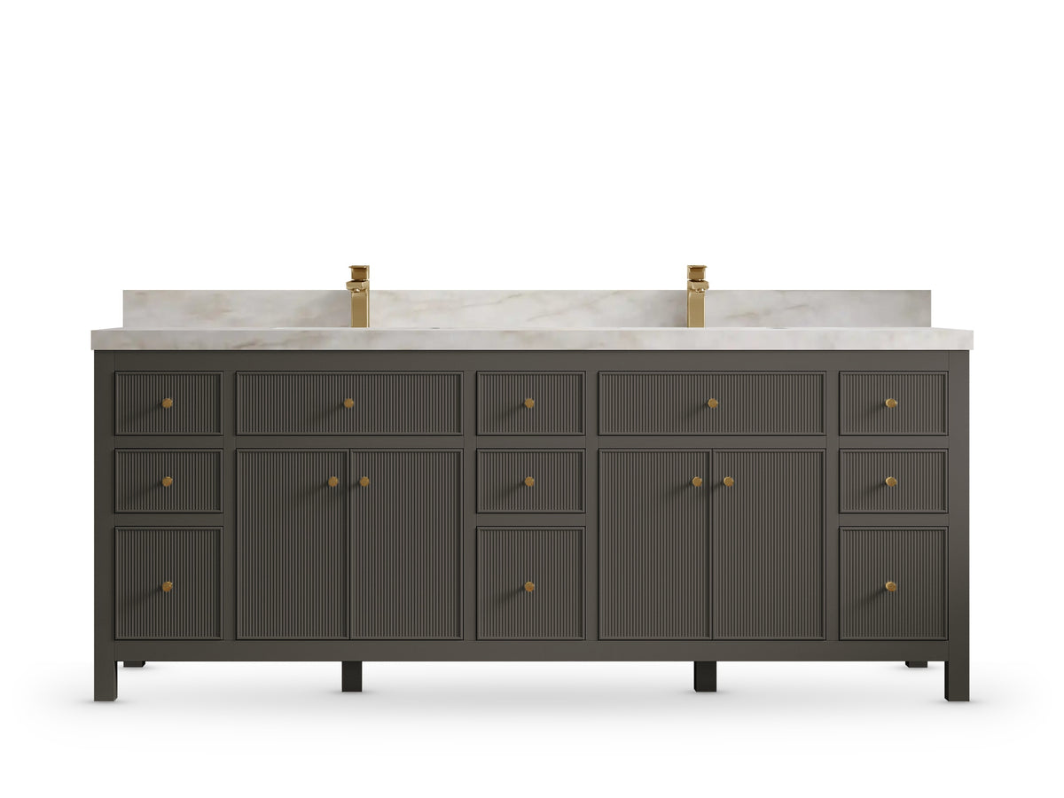 Sonoma 84 Urbane Bronze vanity with Taj Printed Quartz, Straight / Mitered, front view