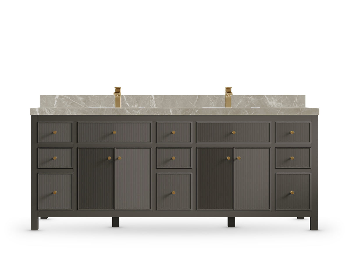 Sonoma 84 Urbane Bronze vanity with Tundra Gray Marble, Straight / Mitered, front view
