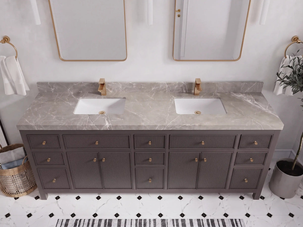 Sonoma 84 inch Urbane Bronze vanity with Tundra Gray Marble, Straight / Mitered, top view
