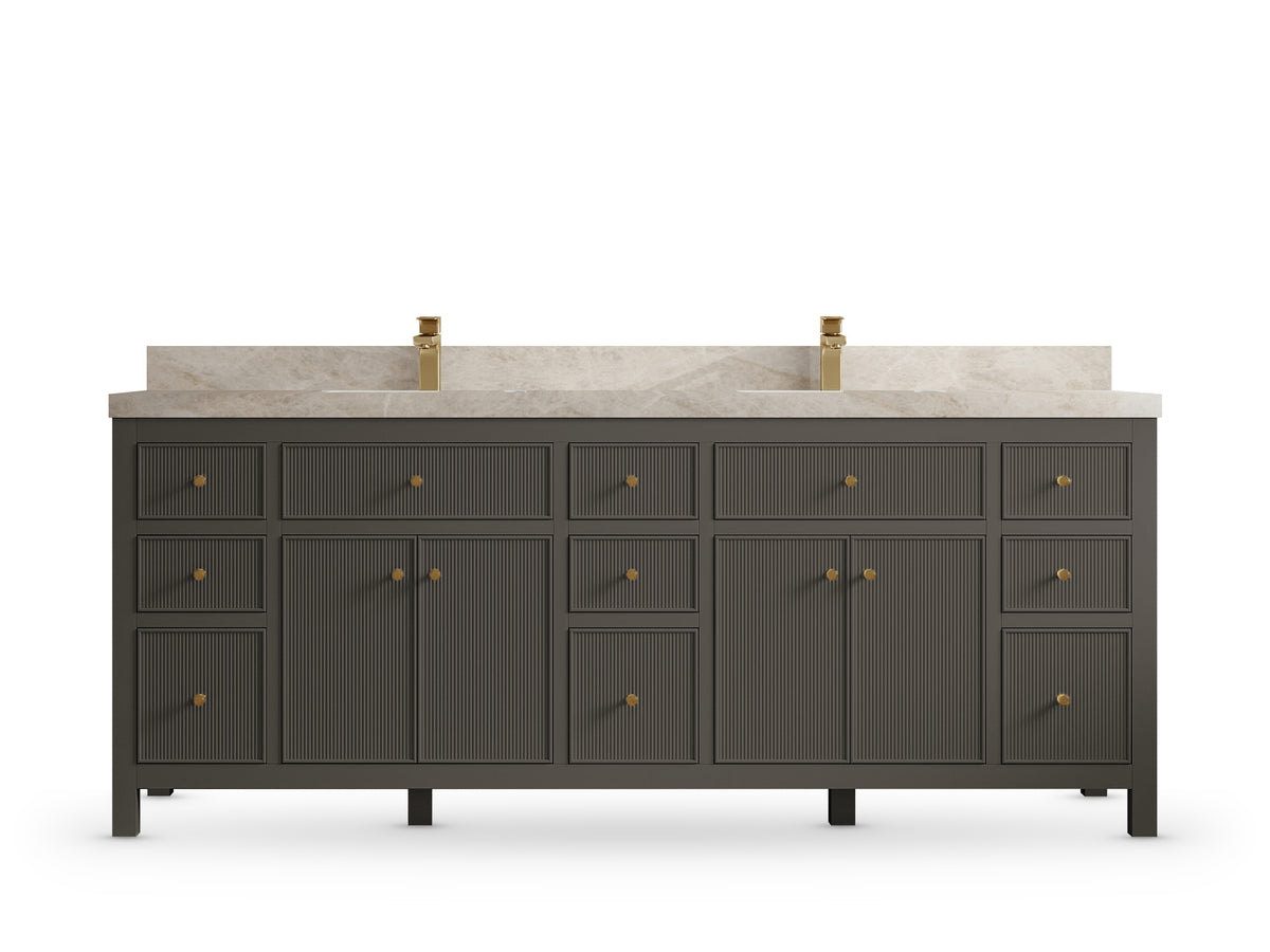 Sonoma 84 Urbane Bronze vanity with White Tajmahal Quartzite, Straight / Mitered, front view