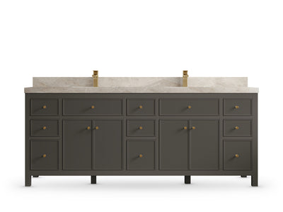 Sonoma 84 Urbane Bronze vanity with White Tajmahal Quartzite, Straight / Mitered, front view