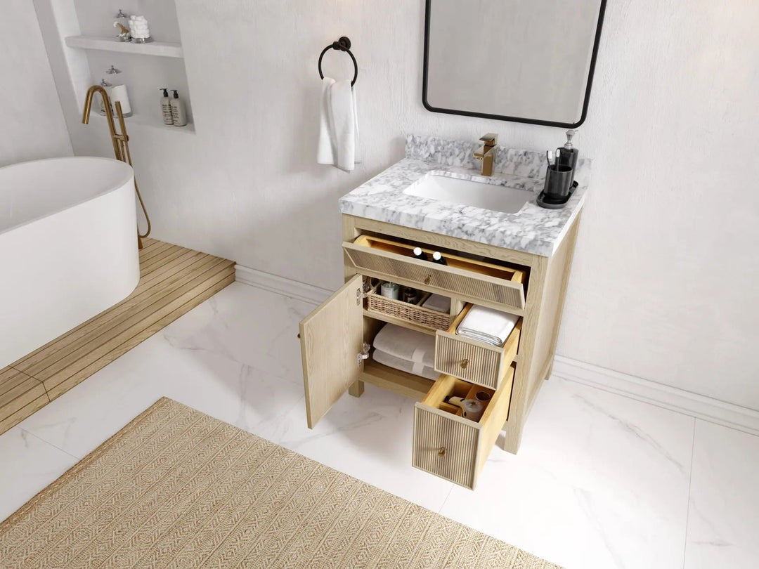 Sonoma Oak 30 in. W x 22 in. D Single Sink Bathroom Vanity in Dark Natural with countertop - Side View Open