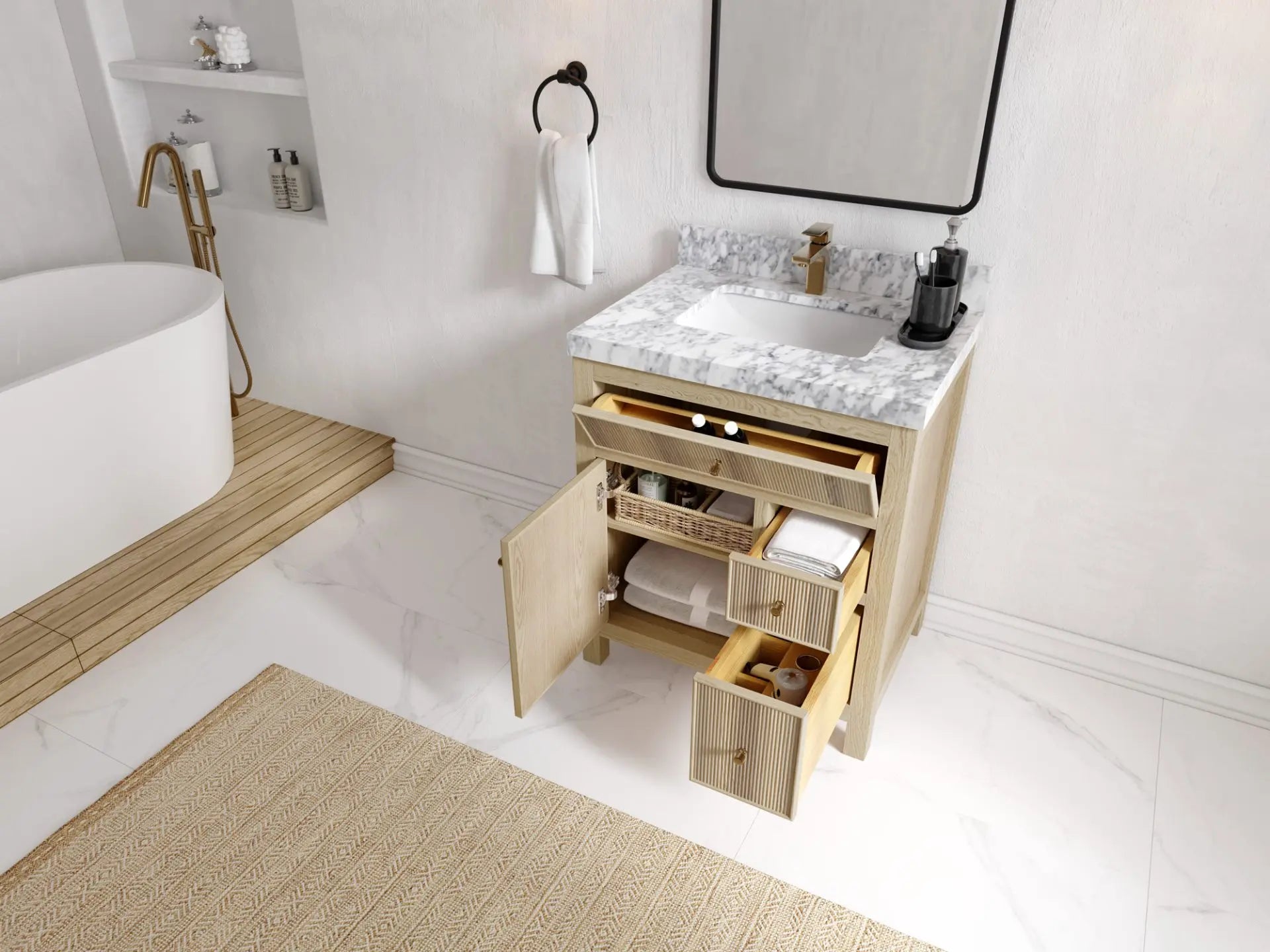 Sonoma 30-inch reeded single-sink bathroom vanity in Nordic White Oak with doors and drawers open, angled view