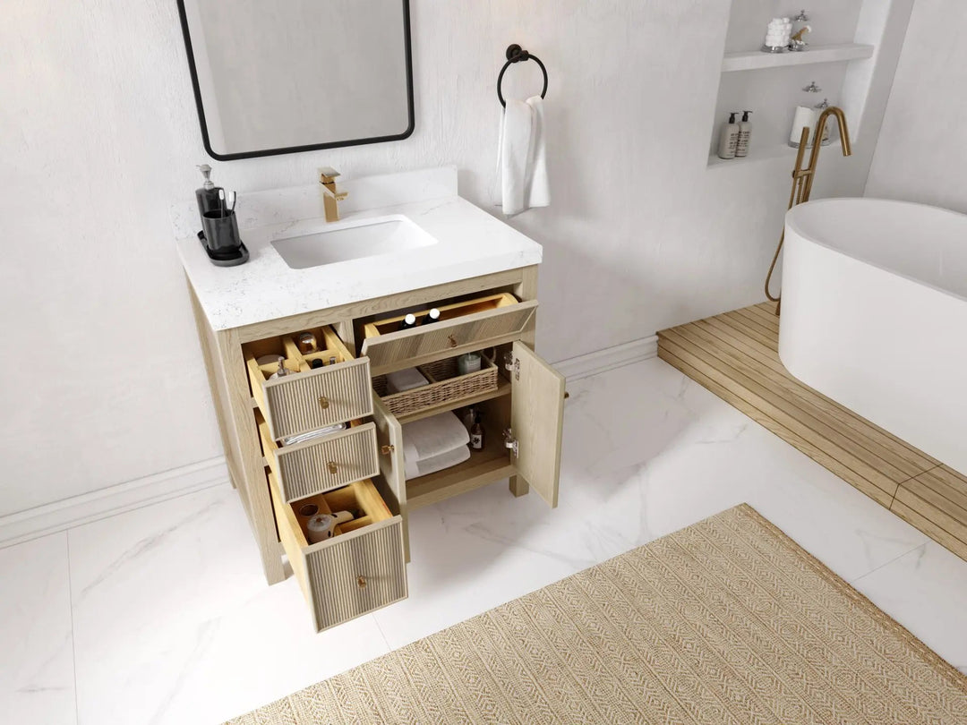 Sonoma Oak 36 in. W x 22 in. D Center Sink Bathroom Vanity in Dark Natural with countertop - Dimensions