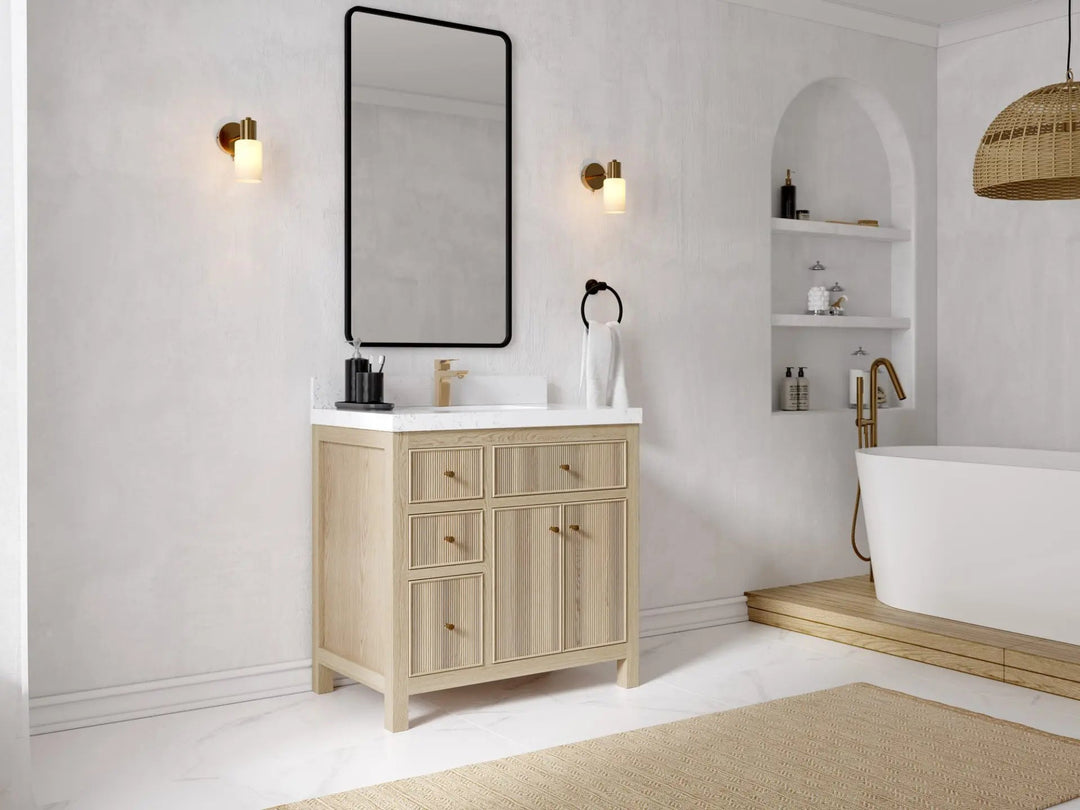 Sonoma Oak 36 in. W x 22 in. D Center Sink Bathroom Vanity in Dark Natural with countertop - Front View