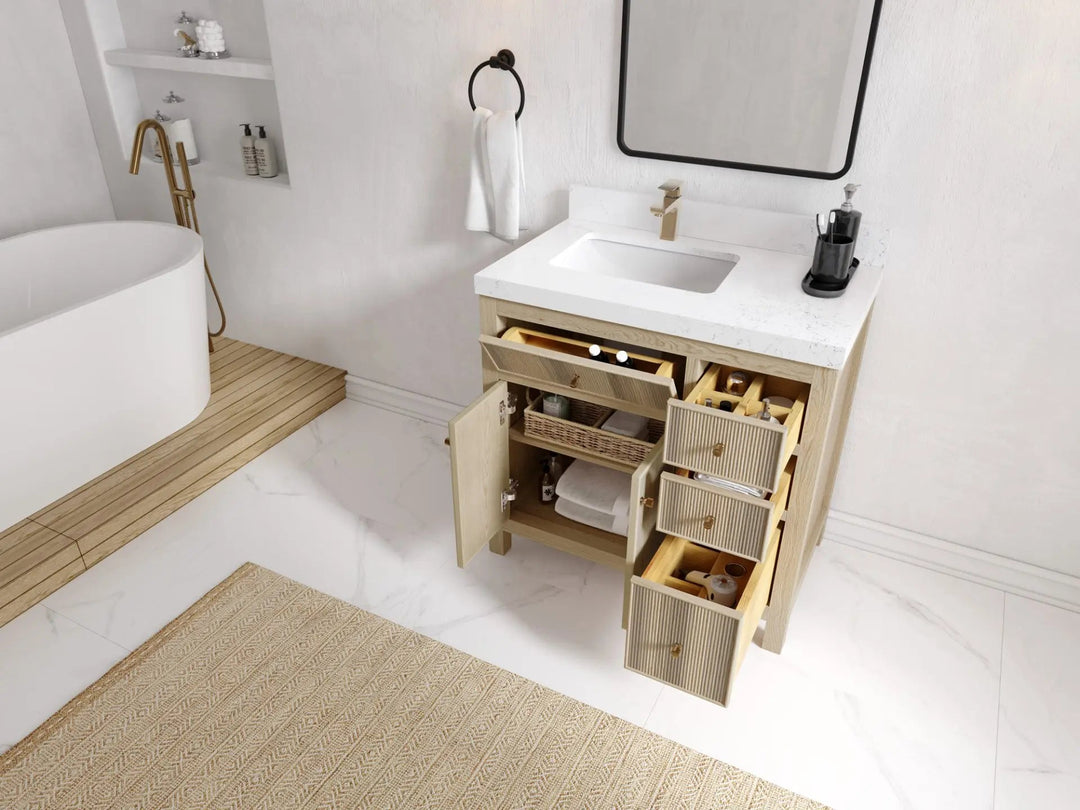 Sonoma Oak 36 in. W x 22 in. D Left Offset Sink Bathroom Vanity in Dark Natural with countertop - Side View Open