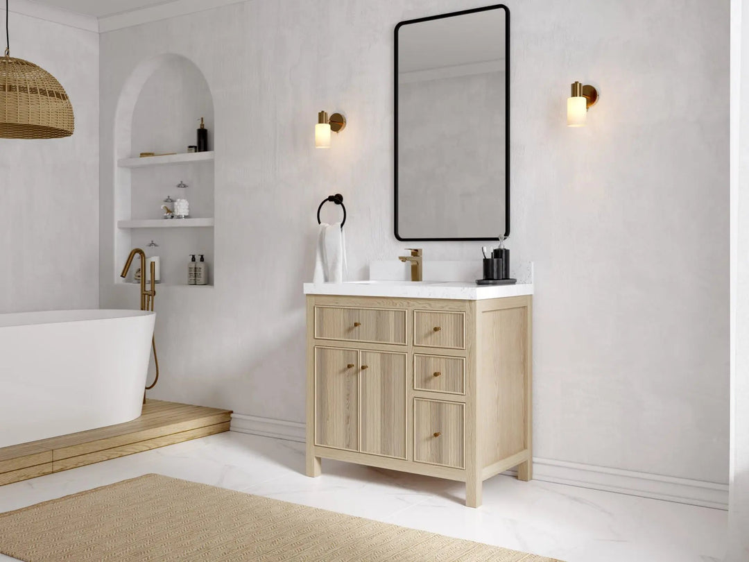 Sonoma Oak 36 in. W x 22 in. D Left Offset Sink Bathroom Vanity in Dark Natural with countertop - Side View