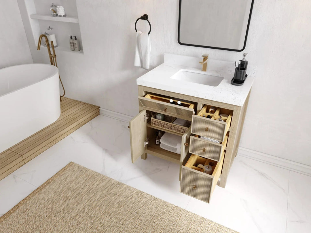 Sonoma Oak 36 in. W x 22 in. D Center Sink Bathroom Vanity in Dark Natural with countertop - Side View Open