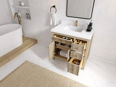 Sonoma Oak 36 in. W x 22 in. D Center Sink Bathroom Vanity in Dark Natural with countertop - Side View Open