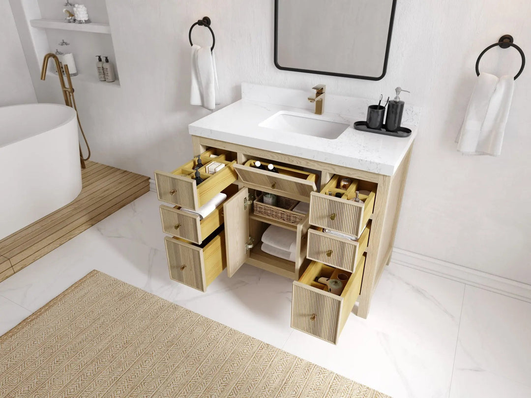 Sonoma Oak 42 in. W x 22 in. D Single Sink Bathroom Vanity in Dark Natural with countertop - Side View Open