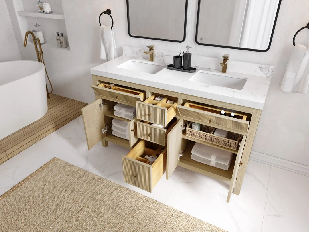 Sonoma Oak 60 in. W x 22 in. D Double Sink Bathroom Vanity in Dark Natural with countertop - Side View Open