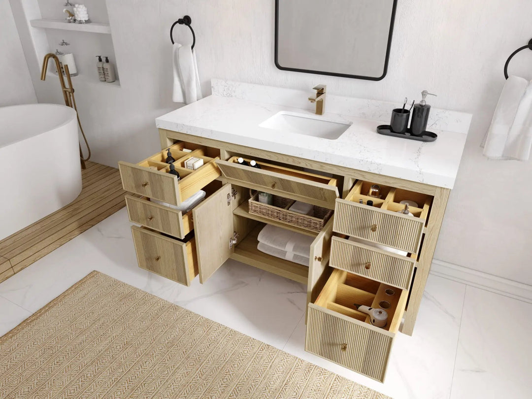 Sonoma Oak 60 in. W x 22 in. D Single Sink Bathroom Vanity in Dark Natural with countertop - Side View Open