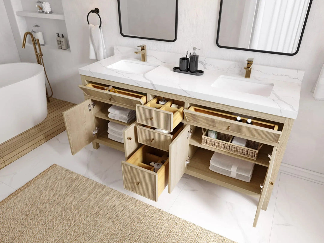 Sonoma Oak 72 in. W x 22 in. D Double Sink Bathroom Vanity in Dark Natural with countertop - Side View Open