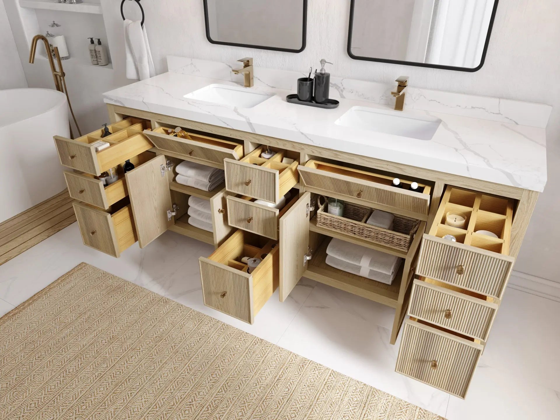 Sonoma Oak 84 in. W x 22 in. D Double Sink Bathroom Vanity in Dark Natural with countertop - Side View Open