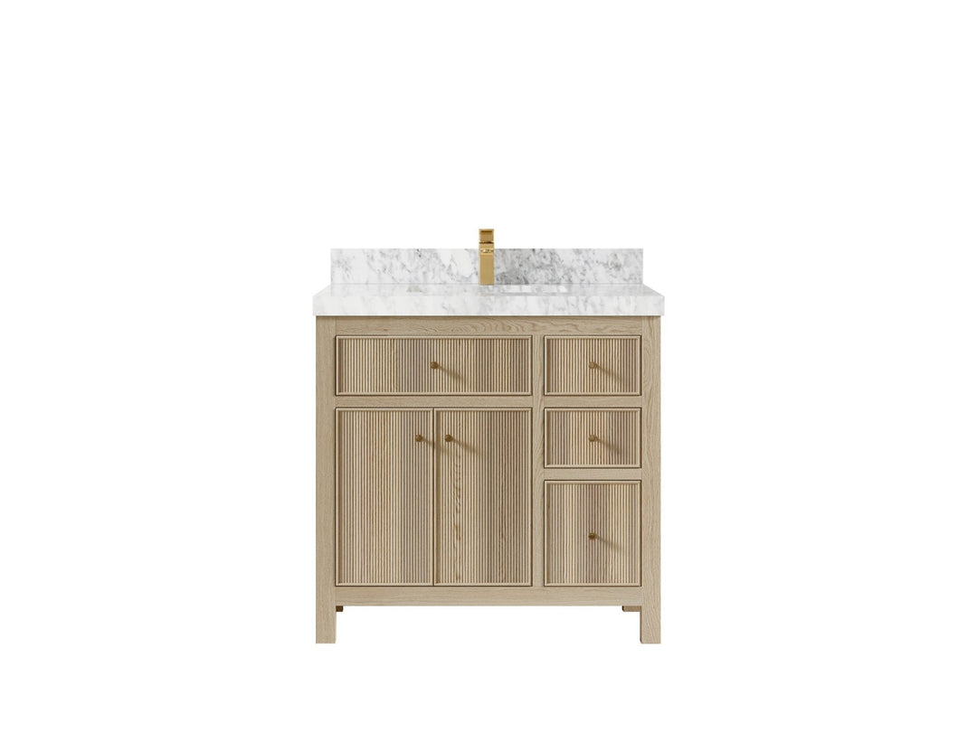 Sonoma Oak 36 in. W x 22 in. D Center Sink Bathroom Vanity in Dark Natural with 2 in. Carrara Marble Countertop