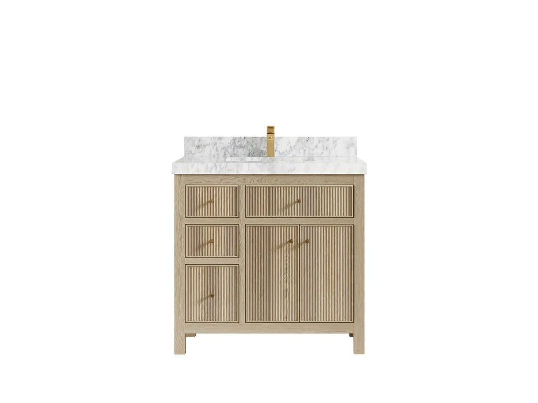 Sonoma Oak 36 in. W x 22 in. D Center Sink Bathroom Vanity in Dark Natural with 2 in. Carrara Marble Countertop